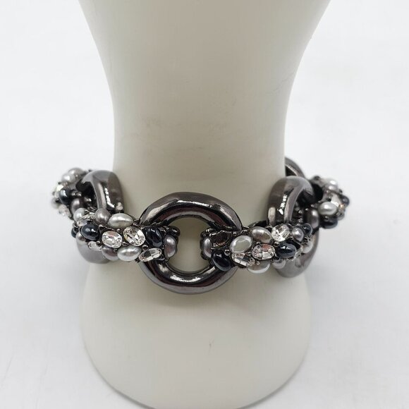 Chunky Gunmetal Bracelet With Faux Pearls Black Beads Rhinestones Magnetic Clasp - Picture 1 of 8